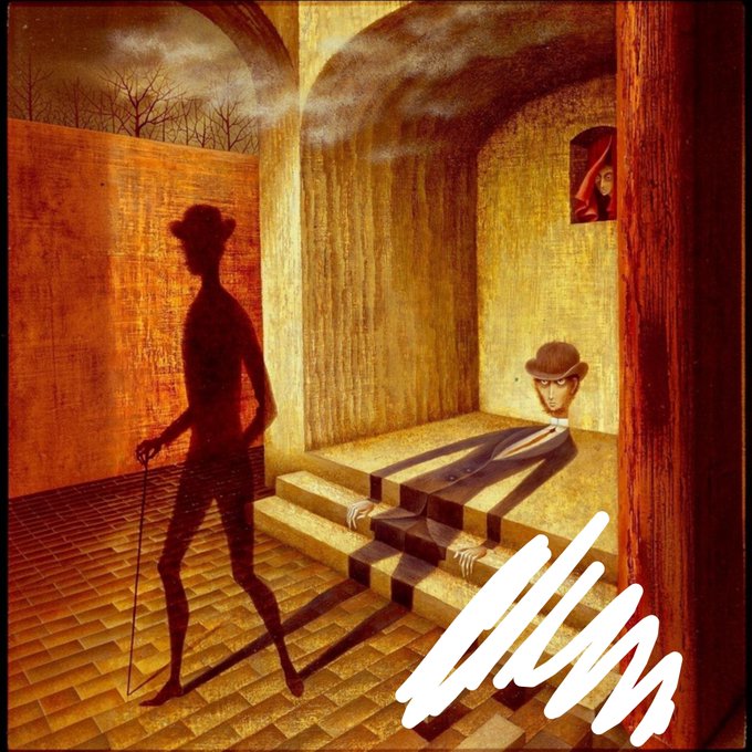 A surrealist painting with a Film 'L' logo depicting an elongated silhouette of a figure with a cane, another figure sitting on steps, and a small face peering from a window in a dreamlike architectural setting.