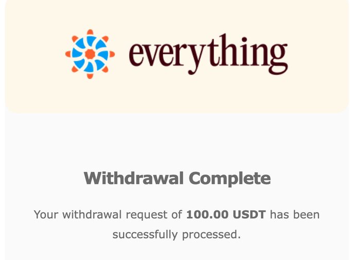 A withdrawal complete notification from 'everything' showing that a request of 100.00 USDT has been successfully processed.