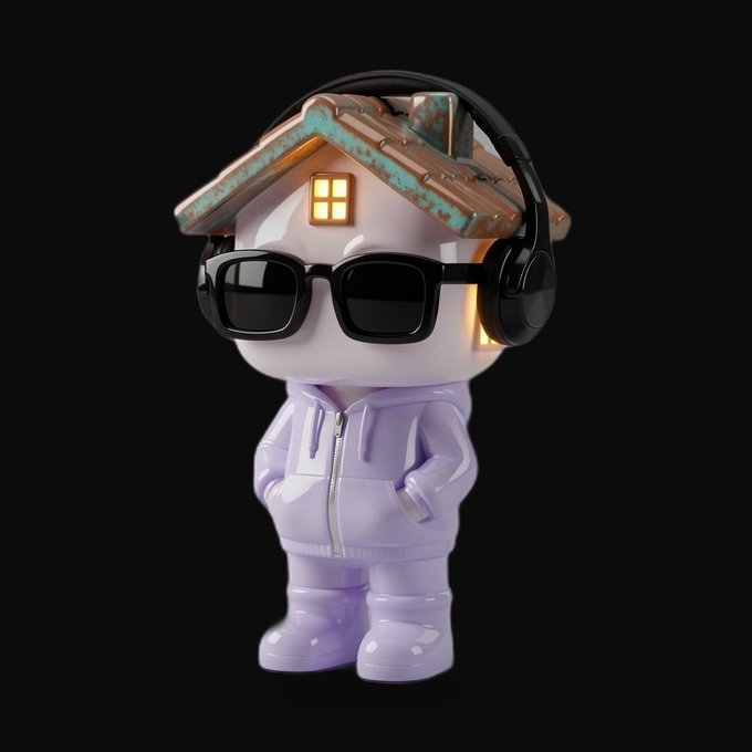 A 3D render of a cute, stylized character with a white round head, wearing a lavender tracksuit, black sunglasses, black headphones, and a roof-shaped hat with a glowing yellow window.