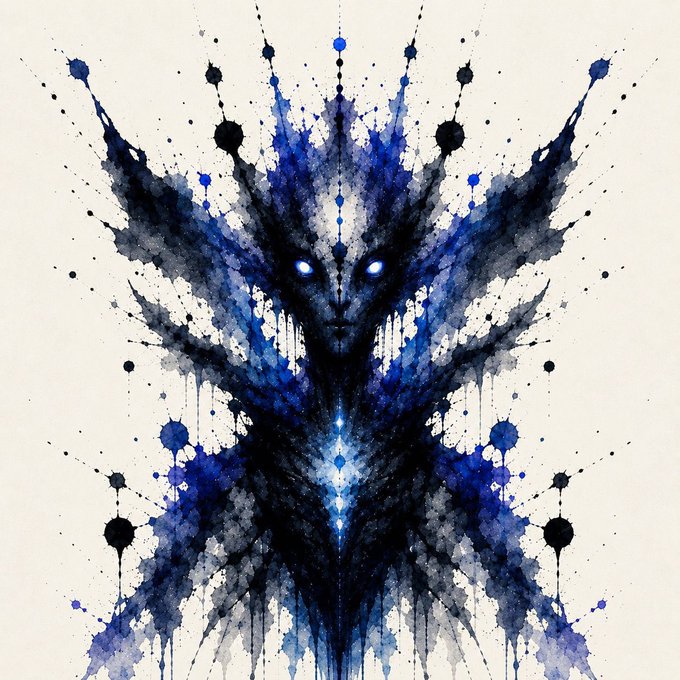 The image features a large blue, black, and white inkblot with an intricate design that resembles a monster or a creature from another world. The image also includes watercolor splatters of various sizes scattered around the inkblot, adding to its abstract nature. The caption provided suggests that this artwork is part of a series on Inkblot Genetics, which could be found at the bottom right corner of the image.