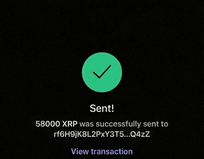 A confirmation screen showing "Sent! 58000 XRP was successfully sent to rf6H9jK8L2PxY3T5...Q4zZ" with a green checkmark and a "View transaction" link, indicating the successful transfer of 58,000 XRP to another user.