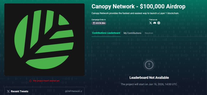 The image features a screenshot of the Canopy Network's website that displays an advertisement for their service. The company is offering $100,000 worth of airdrop services. In addition to providing this valuable service, they are also involved with blockchain technology and have received several grants from foundations in the past. The website is divided into two main sections: a landing page where users can learn more about the Canopy Network, and an advertisement for their premium service.