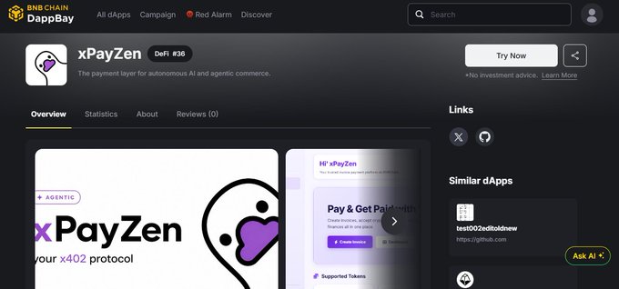 A screenshot of the BNB Chain DappBay website featuring xPayZen, described as 'The payment layer for autonomous AI and agentic commerce' with a DeFi #36 tag, navigation tabs for Overview, Statistics, About, and Reviews, and a 'Try Now' button.
