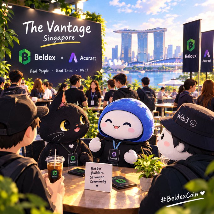 An anime-style illustration depicts a Web3 event in Singapore called 'The Vantage,' co-hosted by Beldex and Acurast, featuring mascots at a table with the Marina Bay Sands in the background.