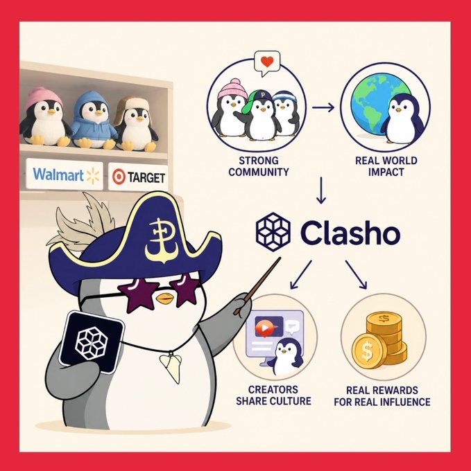 A promotional graphic for 'Clasho' featuring a pirate-hat-wearing penguin, showing retail plushies at Walmart and Target, with diagrams illustrating 'Strong Community', 'Real World Impact', 'Creators Share Culture', and 'Real Rewards for Real Influence'.