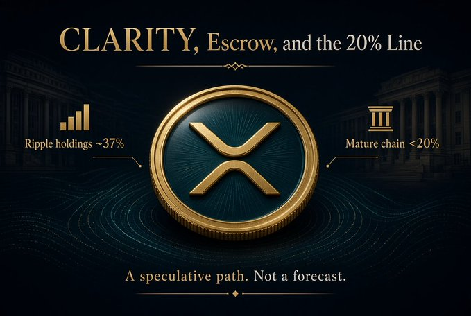 A promotional graphic featuring a gold XRP coin centered on a dark background, with text 'CLARITY, Escrow, and the 20% Line,' 'Ripple holdings ~37%,' 'Mature chain <20%,' and 'A speculative path. Not a forecast.'