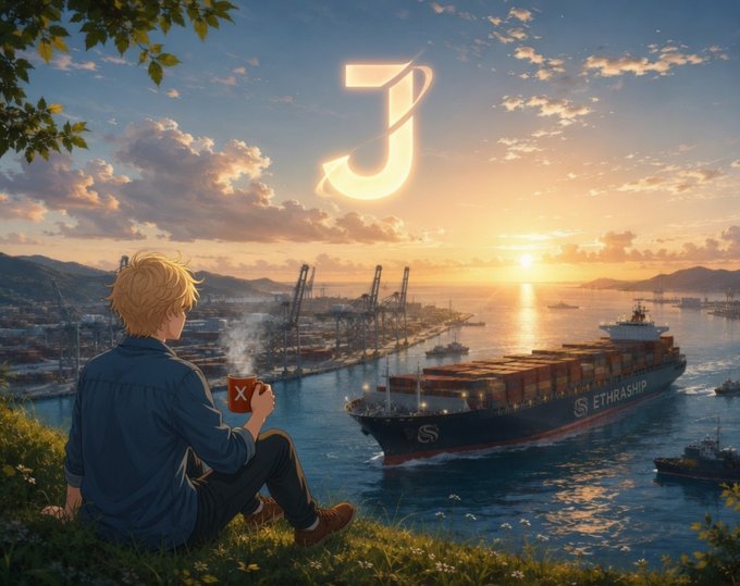 Anime-style illustration of a blonde boy drinking from a mug while overlooking a busy port at sunset, with a large container ship labeled 'ETHRASHIP' and a stylized 'J' logo in the sky.