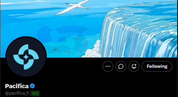A Twitter/X profile header for Pacifica (@pacifica_fi), a verified account, featuring an illustration of a waterfall, ocean, and a bird in flight.