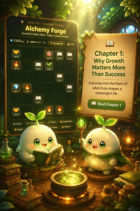 The image features a whimsical "Alchemy Forge" game interface with cute plant-like characters, showcasing a grid of collectible items (Lv.1 to Lv.7), 1,310 points, and a chapter book titled "Chapter 1: Why Growth Matters More Than Success." This ties directly to the post's promotion of Bubling's free alchemy game, community growth, and upcoming token launch at bublingjoy.com, with the "Read Chapter 1" button reinforcing the educational growth theme.