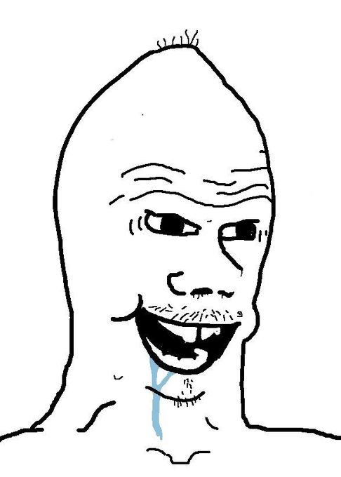 A black and white line drawing of a bald, smiling Wojak-style character with a drool-like mark, a popular internet meme figure.