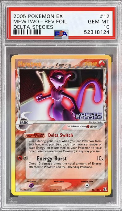 A PSA-graded 2005 Pokemon EX Delta Species #12 Mewtwo Reverse Holo card with a GEM MT 10 rating and certification number 52318124.