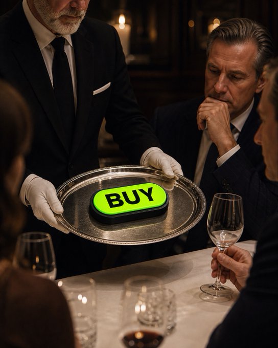 A formal waiter in a black suit and white gloves serves a glowing neon 'BUY' button on a silver platter to a serious-looking man in a suit at a dimly lit, upscale restaurant.