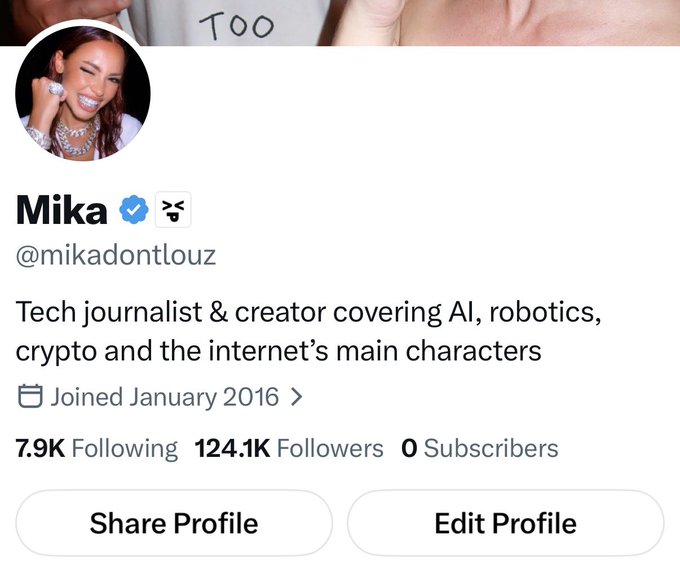 The image shows an X (Twitter) profile for "Mika" (@mikadontlouz), a verified tech journalist with 124.1K followers covering AI, robotics, and crypto. The post text promotes her new X subscription feature, teasing exclusive "$BUTTHOLE" content for subscribers, which connects to the profile's "0 Subscribers" count visible in the image—suggesting she is announcing her first paid subscription offering.