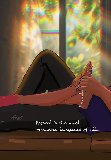 The image features a cartoon illustration of two people sitting together, with one person's feet propped up against a couch cushion while the other person holds their foot. The background includes a window that allows natural light into the room. There are also some text elements in the image, including "Good night tonians We go again tomorrow."
