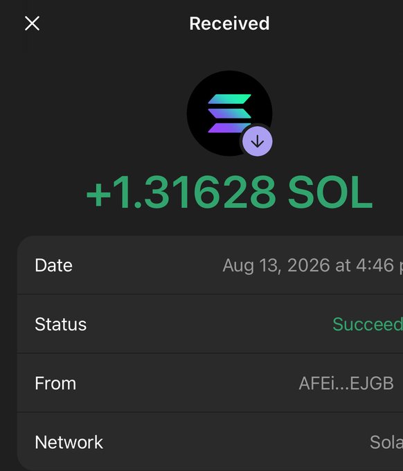 A mobile app transaction confirmation screen showing a received amount of '+1.31628 SOL' on the Solana network, dated Aug 13, 2026 at 4:46 pm, from address AFEi...EJGB, with status 'Succeeded'.