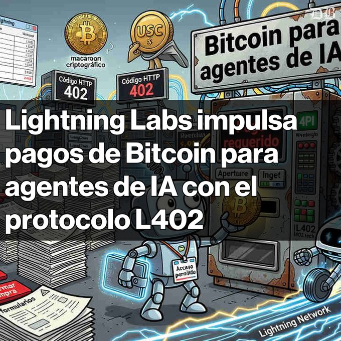 A Spanish-language graphic with the text 'Lightning Labs impulsa pagos de Bitcoin para agentes de IA con el protocolo L402' over an illustration featuring Bitcoin, a robot, and code references.