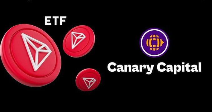 The image shows red TRON ($TRX) coin icons alongside the text "ETF" and the "Canary Capital" logo, illustrating the headline about a proposed TRON ETF. The visual pairs the cryptocurrency branding with the asset manager's logo to represent Canary Capital's filing to list a TRX-focused ETF on Cboe.