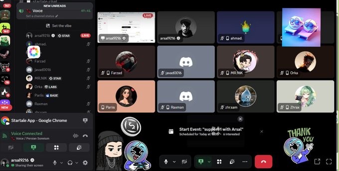 A Discord voice channel screenshot showing a 'Startale App' voice channel with multiple users including arsal9216, ahmad, Farzad, java0016, MR.NiK, Orkz, Pariis, Rexman, zhr.sam, and Zhrxas, with a Starlale App - Google Chrome window open.