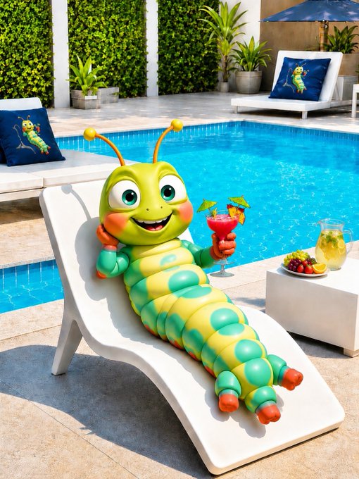 A 3D-rendered green caterpillar character relaxing on a white lounge chair by a swimming pool, holding a tropical cocktail with fruits beside it.