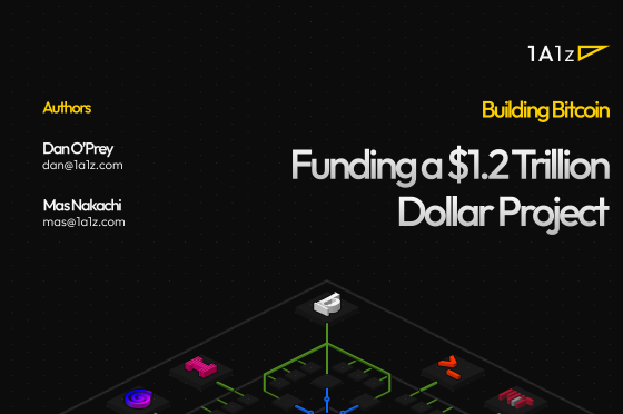 A report cover from 1A1z titled 'Funding a $1.2 Trillion Dollar Project' about Building Bitcoin, authored by Dan O'Prey and Mas Nakachi.