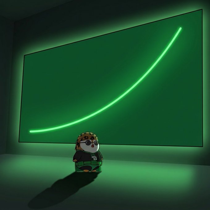 A small cartoon character with a leopard-print hat and glasses stands before a large green screen displaying a rising green line graph, suggesting growth or success.