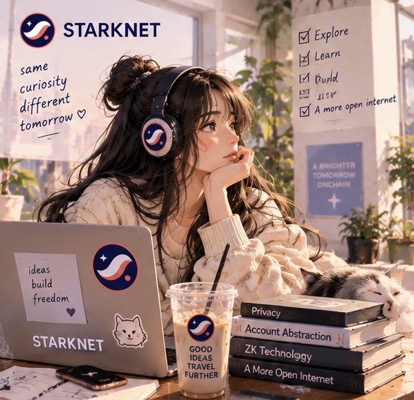 An anime-style illustration promotes Starknet with the slogan 'same curiosity different tomorrow' and 'ideas build freedom,' showing a girl with headphones, a cat, and a checklist including 'Privacy' and 'ZK Technology.'