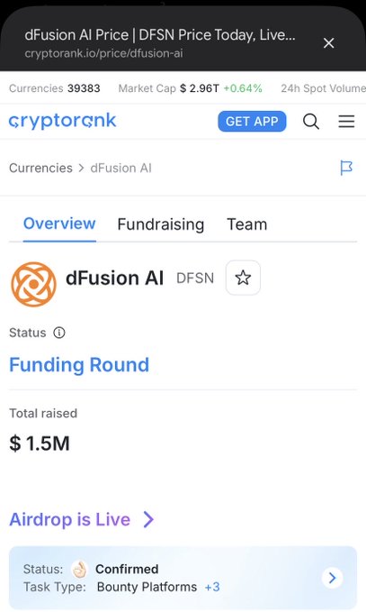 A screenshot of the CryptoRank website displaying the price and funding information for 'dFusion AI (DFSN)', showing a Market Cap of $2.96T, a 24h Spot Volume of $1.5M raised, and noting that an 'Airdrop is Live'.