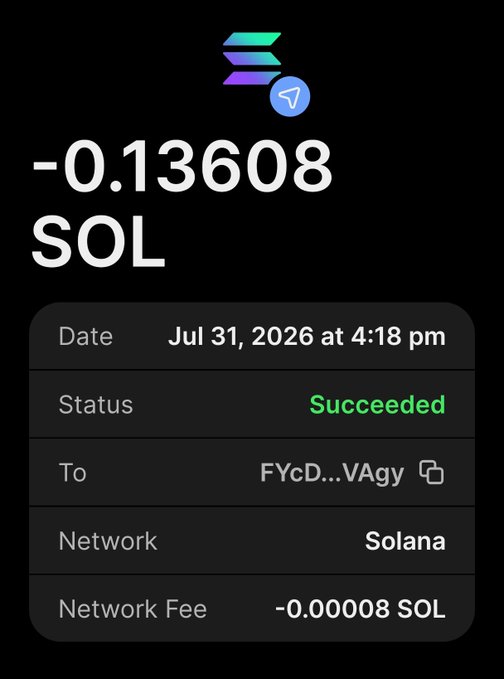 A Solana (SOL) transaction screenshot showing a successful transfer of -0.13608 SOL (including a -0.00008 SOL network fee) sent to address FYcD...VAgy on July 31, 2026 at 4:18 pm, confirming the SOL sent to @Morvyn2v.