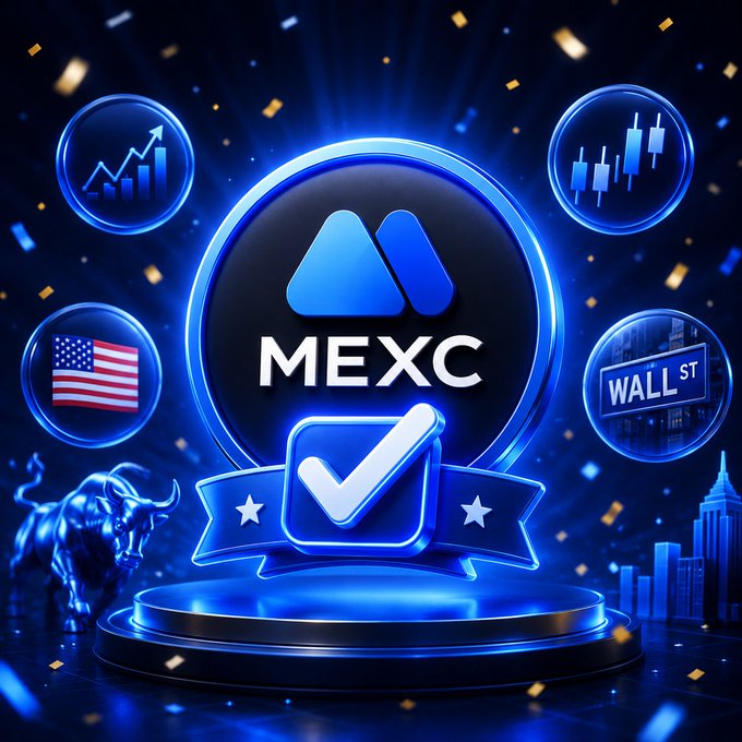 A promotional graphic for the cryptocurrency exchange MEXC, featuring a central blue logo with a verification checkmark, surrounded by icons representing charts, the US flag, and Wall Street, set against a dark blue background with a bull statue.