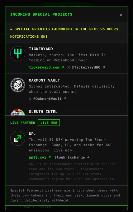 A green-themed announcement listing 4 special projects launching in 96 hours: Tickeryard, Oakmont Vault, Sleuth Intel, and up., with the Stonk Exchange labeled as a live partner on up33.xyz.