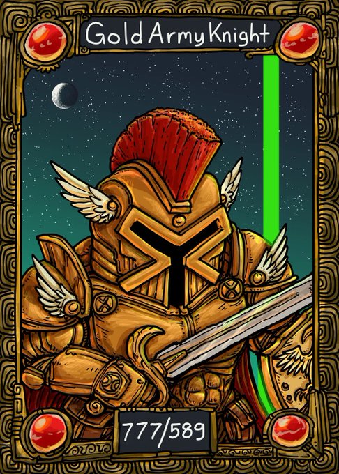 A trading card titled 'Gold Army Knight' showing a heavily armored knight with a red plume helmet, displaying stats of 777/589 at the bottom.