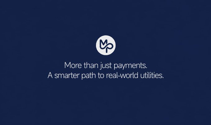 A dark blue screen featuring a circular 'MP' logo with the tagline 'More than just payments. A smarter path to real-world utilities.'