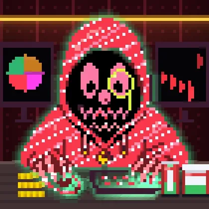 A pixel art character in a red hooded robe with a pink skull face and yellow monocle sits at a trading setup, with a colorful pie chart monitor on the left and a red candlestick chart on the right.