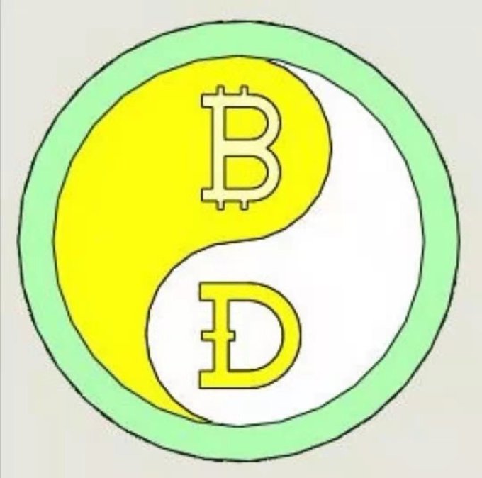 A hand-drawn circular logo featuring a yellow and white yin-yang design with the Bitcoin 'B' symbol, set against a light green background.