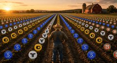 An illustrated scene of a man standing in a vast field of cryptocurrency logos and symbols (including BTC, ETH, SHIB, USDT, and others) with a red barn visible at sunset in the background.