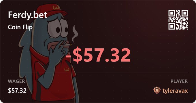 A Ferdy.bet 'Coin Flip' game screen showing a wager of $57.32, a cartoon fish mascot, a QR code, and the player name 'tyleravax'.