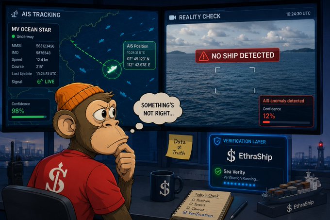 Cartoon-style illustration of a monkey in an orange beanie and red shirt monitoring ship tracking screens, showing AIS Tracking for 'MV OCEAN STAR' at 10.24.30 UTC and a 'Reality Check' panel displaying 'NO SHIP DETECTED' with a 12% AIS anomaly confidence, branded as 'EthraShip Sea Verity'.