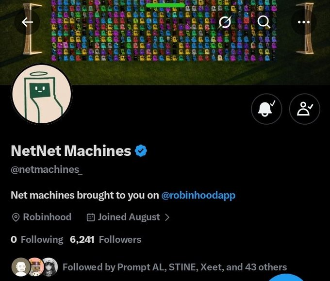 The image shows a Twitter/X profile page for the verified "NetNet Machines" account (@netmachines_), featuring a banner of pixelated robot figures, a hooded robot avatar, and statistics showing 6,241 followers, 0 following, with a bio promoting "Net machines brought to you on @robinhoodapp" — establishing the brand identity behind the post endorsing their article for the @nebula_bits community.