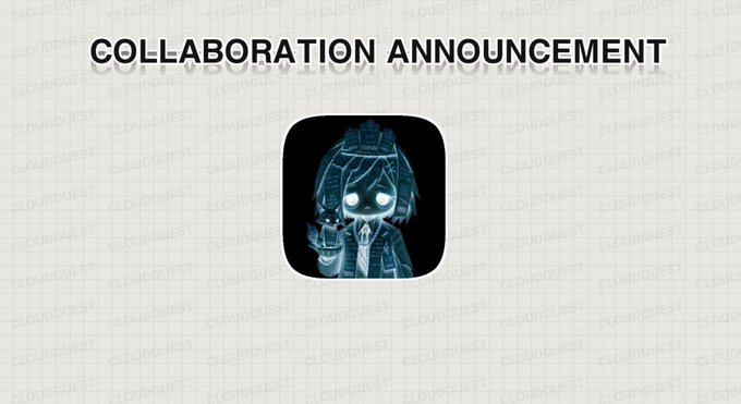 A 'Collaboration Announcement' graphic featuring an anime-style character with glowing white eyes and a dark gothic dress on a light, patterned background.