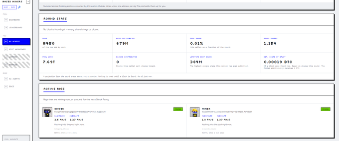 A screenshot of the Baked Minter website showing round stats, including '679H Total Deposited', '0.01% Pool Fee', and '7.69T Pool Hash'.