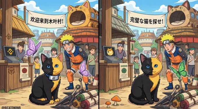 Two side-by-side anime-style illustrations featuring Naruto characters and a black-and-orange cat in a village setting with Japanese text on banners.