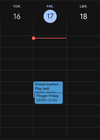 A calendar app showing Friday the 17th with scheduled events 'Primal Instinct - Play test' and 'Flinger Friday' from 20:00-21:00.
