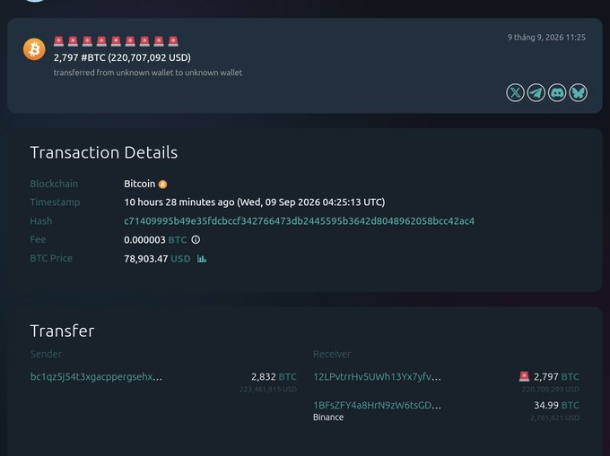 A screenshot of a Bitcoin transaction showing 2,797 BTC (220,707,092 USD) transferred between wallets, including transaction details like timestamp, hash, and BTC price of 78,903.47 USD.