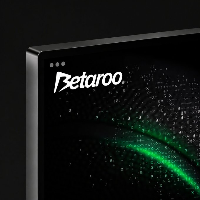 A dark, atmospheric image of a computer monitor displaying the 'Betaroo' logo alongside scattered alphanumeric characters and symbols in green and white.