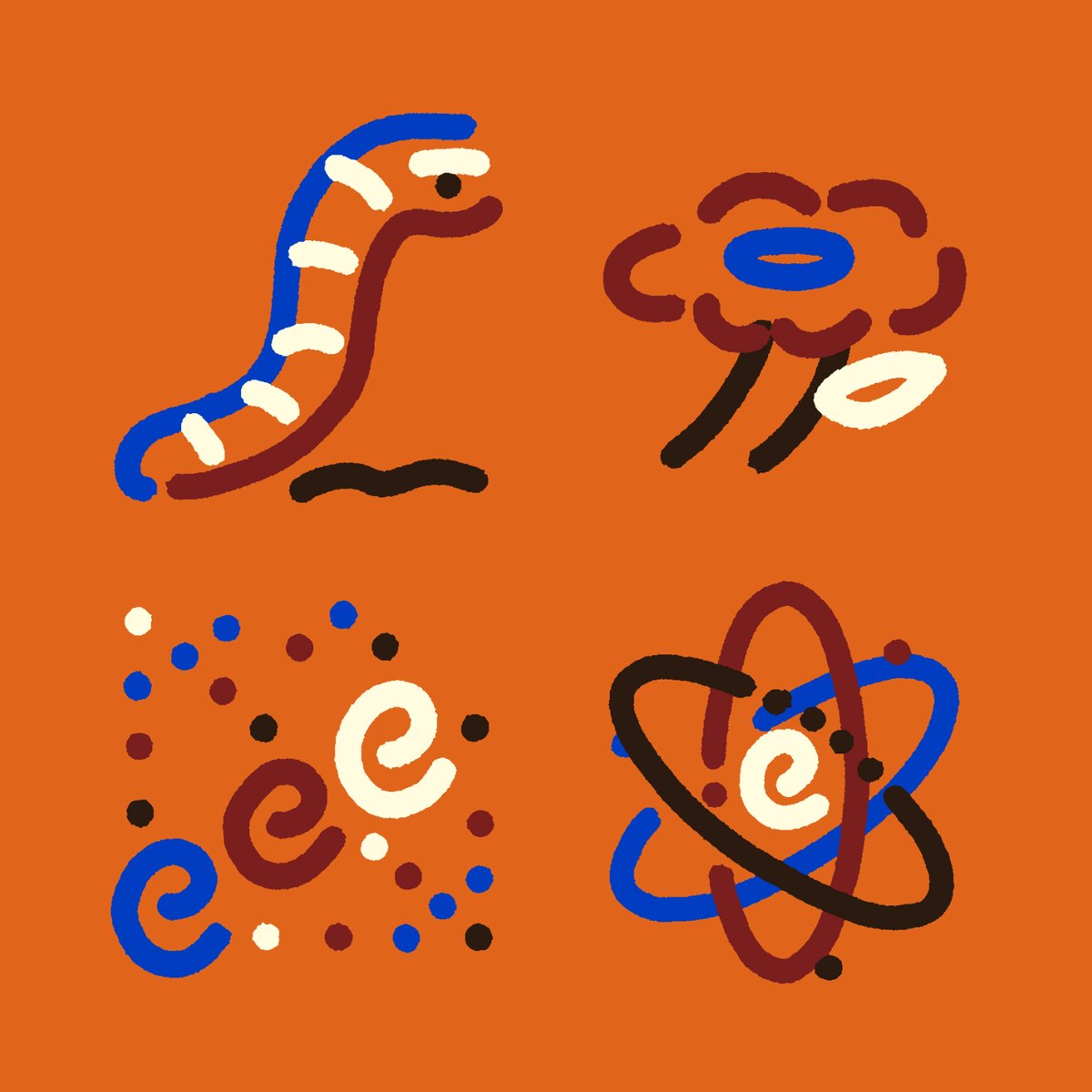 The image features a collection of four different drawings, each depicting various elements related to science or art. The drawings include a caterpillar, a flower, an atom, and a molecule. These illustrations are set against an orange background, creating a visually appealing contrast with the vibrant colors used in the drawings. The post also includes text that reads "GLiFS.art made with you Check your spot → opensea.io/collection/gli ... Opens Wednesday 12pm ET".