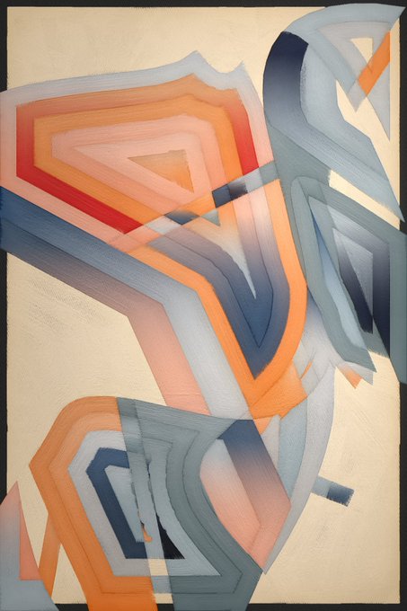 An abstract painting featuring geometric, ribbon-like shapes in shades of orange, blue, and gray on a beige canvas with black borders.