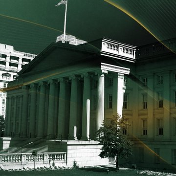 A neoclassical Treasury Department building with prominent columns and an American flag stands under a stylized sky with green and yellow streaks. The imposing government architecture visually reinforces the image of FinCEN, the Treasury's financial crimes enforcement arm, reversing its proposed crypto mixing rule over concerns of chilling legitimate activity.