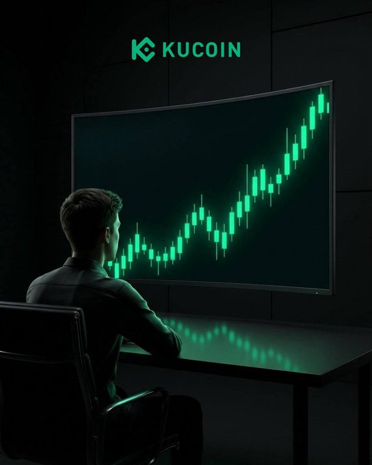 The KuCoin logo appears at the top of the image, with a trader seated at a desk watching a large green candlestick chart that trends sharply upward, symbolizing the pivotal moments of success and growth traders recount when sharing their journeys with #KuCoin.