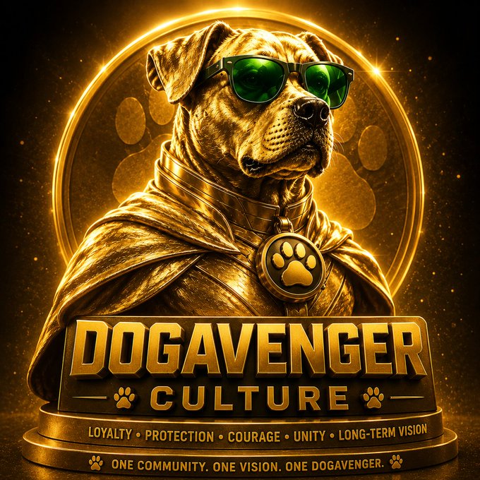 A golden trophy-style digital artwork featuring a dog wearing green sunglasses and a cloak, with a paw print medallion, labeled 'DOGAVENGER CULTURE' and listing values like 'LOYALTY, PROTECTION, COURAGE, UNITY, LONG-TERM VISION' and 'ONE COMMUNITY. ONE VISION. ONE DOGAVENGER.'