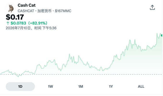 A price chart for the 'Cash Cat' cryptocurrency (CASHCAT) with a market cap of $167MM, showing a current price of $0.17, up $0.0783 (+82.91%) on July 10, 2026, with an upward-trending green line graph.